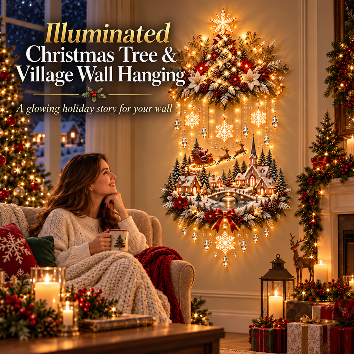 🎄 Christmas Snowflake Cascading Wall Light – Warm White Winter Village Decor ✨