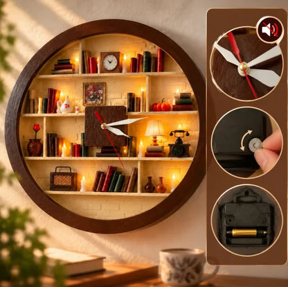 🔥 50% OFF Today 🕰️Handcrafted Miniature Library Wall Clock – 3D Bookshelf with Warm LED Candlelight 📚