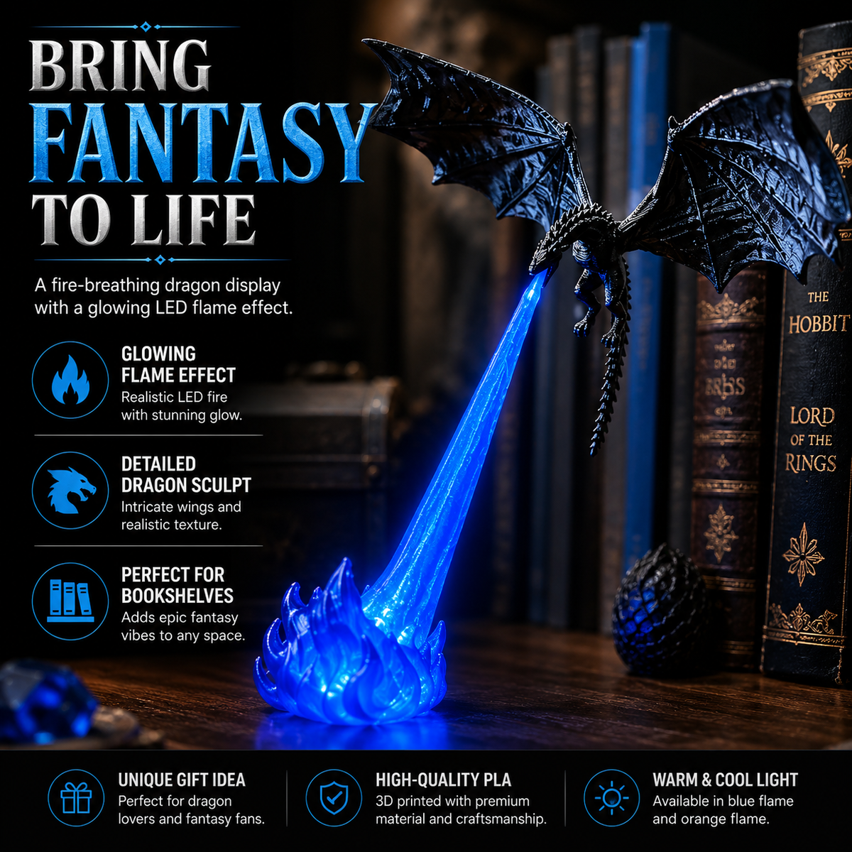 🐉 Fire-Breathing Dragon Book Nook Light – LED Fantasy Bookshelf Decor ✨