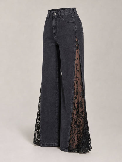 ⚡ JUST 100 AVAILABLE! 40% OFF Gothic Lace Jeans 🖤 High-Waist Wide Leg | Crimson Crypt