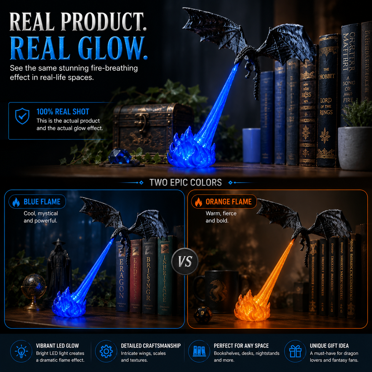 🐉 Fire-Breathing Dragon Book Nook Light – LED Fantasy Bookshelf Decor ✨