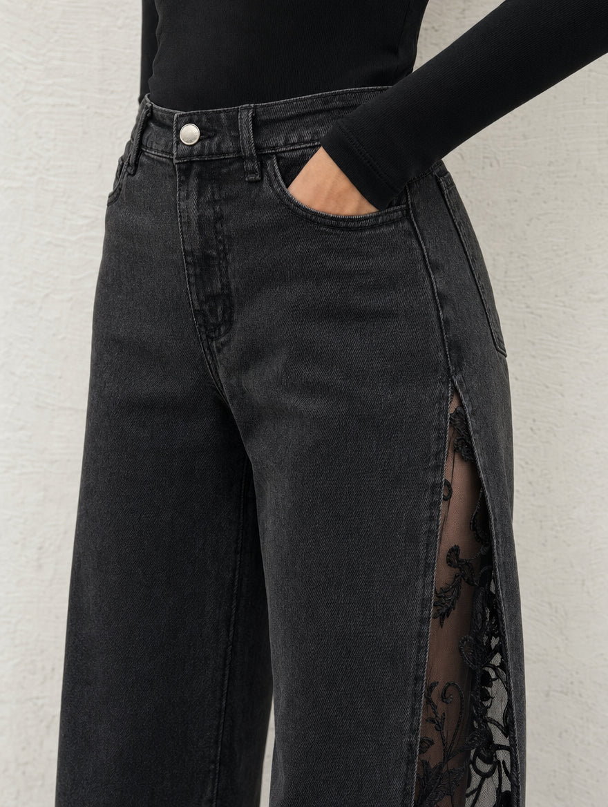 ⚡ JUST 100 AVAILABLE! 40% OFF Gothic Lace Jeans 🖤 High-Waist Wide Leg | Crimson Crypt