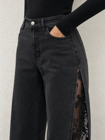 ⚡ JUST 100 AVAILABLE! 40% OFF Gothic Lace Jeans 🖤 High-Waist Wide Leg | Crimson Crypt