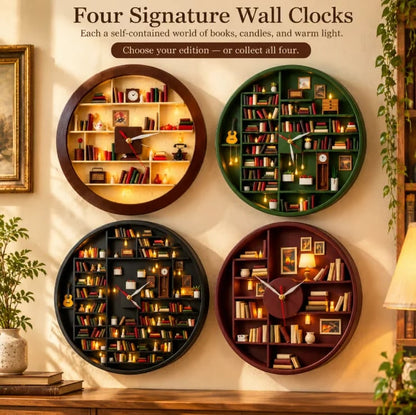 🔥 50% OFF Today 🕰️Handcrafted Miniature Library Wall Clock – 3D Bookshelf with Warm LED Candlelight 📚
