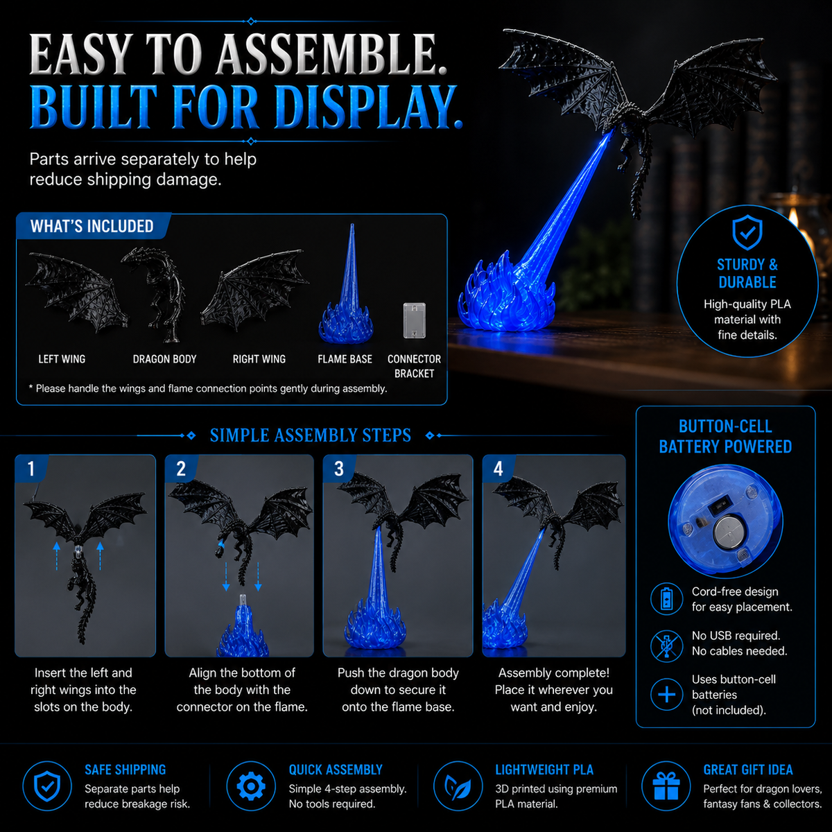 🐉 Fire-Breathing Dragon Book Nook Light – LED Fantasy Bookshelf Decor ✨