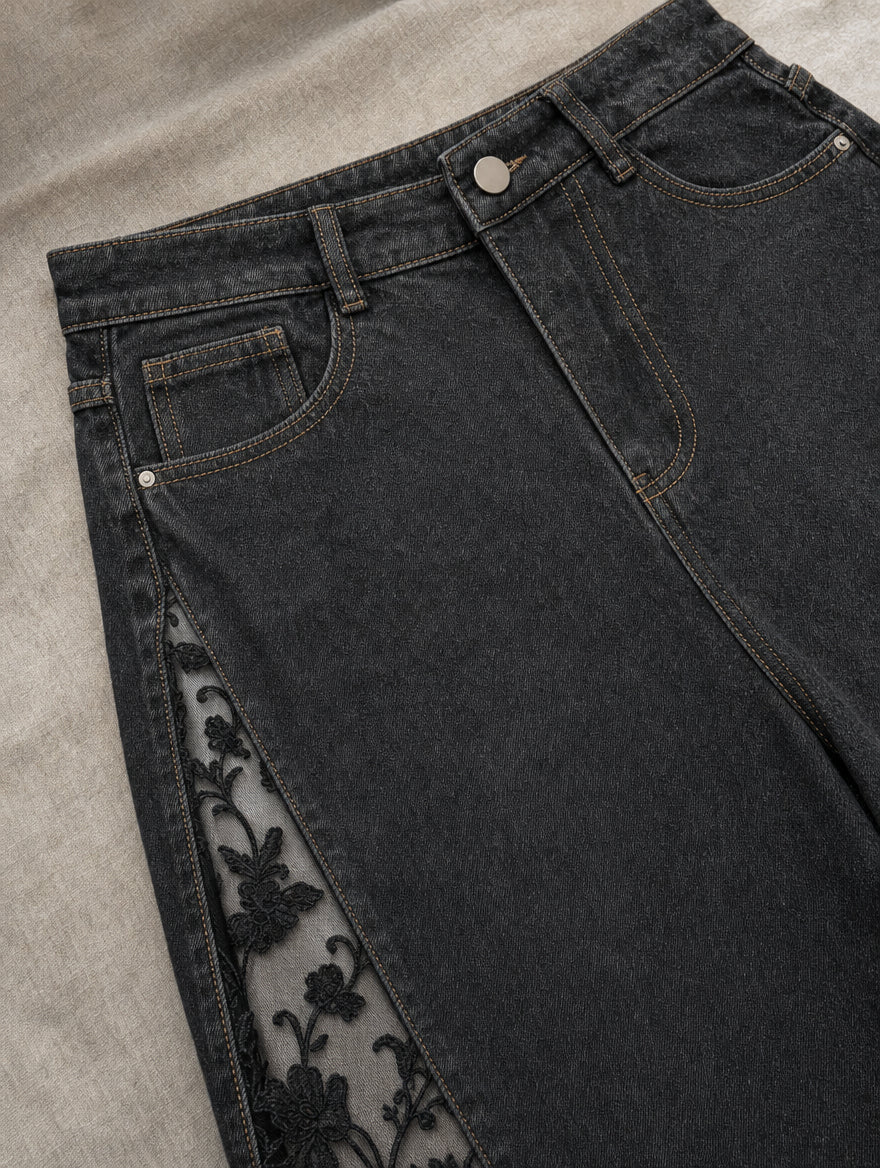 ⚡ JUST 100 AVAILABLE! 40% OFF Gothic Lace Jeans 🖤 High-Waist Wide Leg | Crimson Crypt