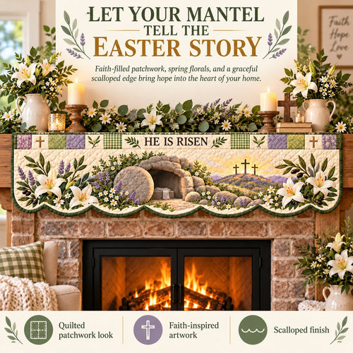 ⏳ Last Day 50% OFF – ✝️ Easter Faith Quilted Mantel Scarf | Patchwork Christian Fireplace Décor for Spring & Easter 🌷
