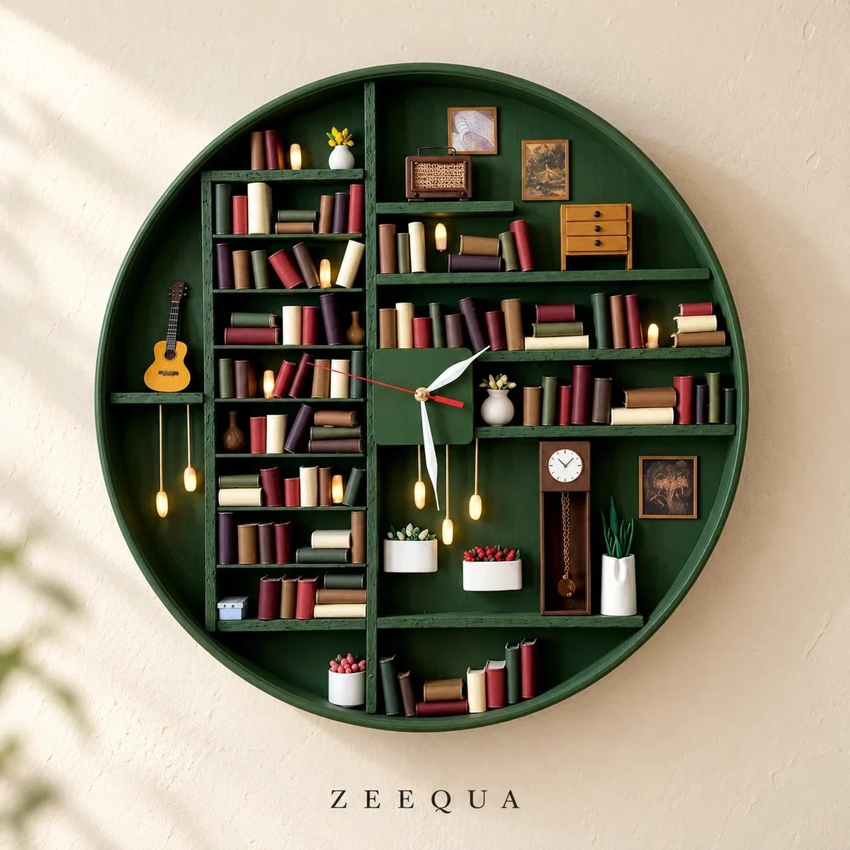🔥 50% OFF Today 🕰️Handcrafted Miniature Library Wall Clock – 3D Bookshelf with Warm LED Candlelight 📚