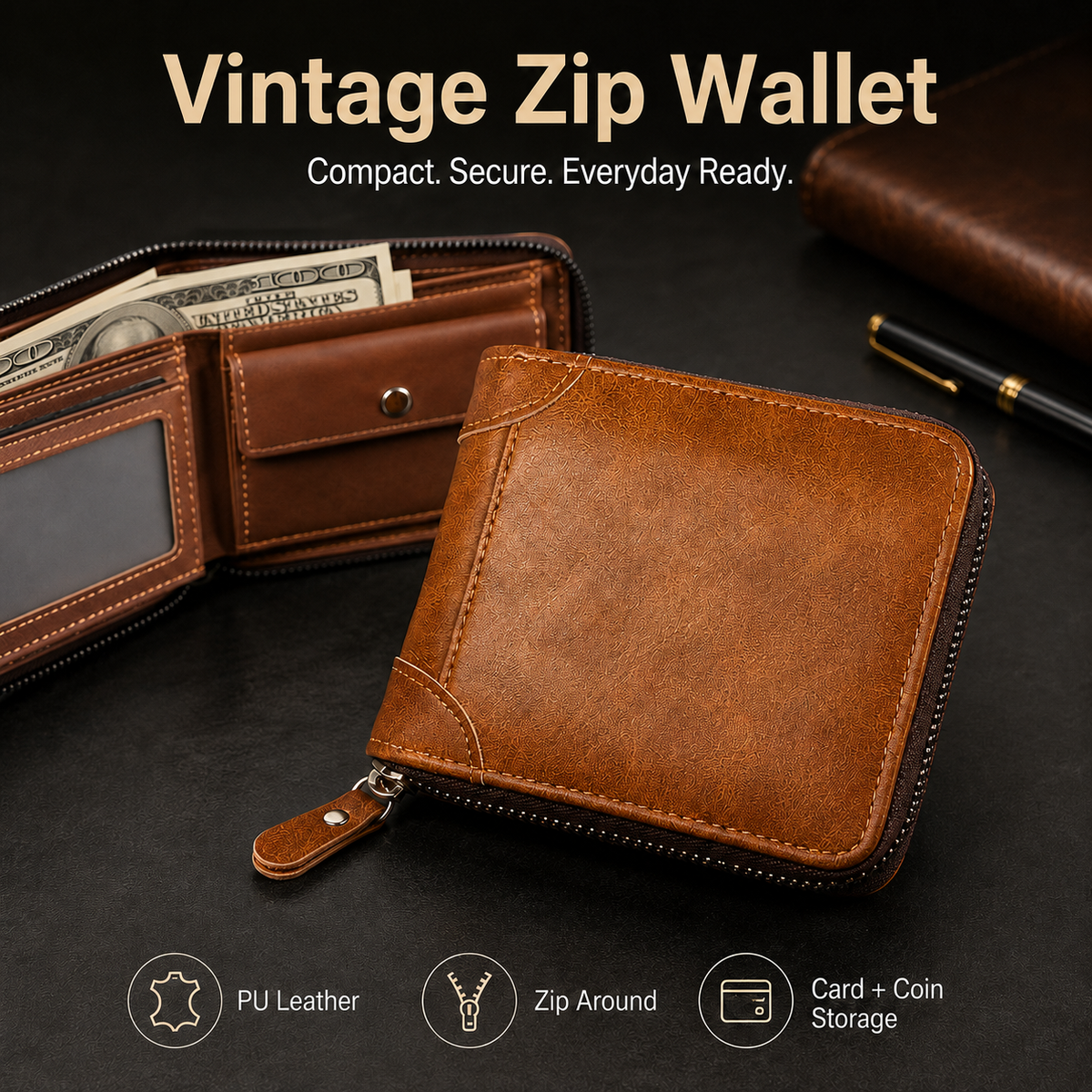 👝 Vintage Zip-Around Men’s Wallet – Compact PU Leather Wallet 🎁