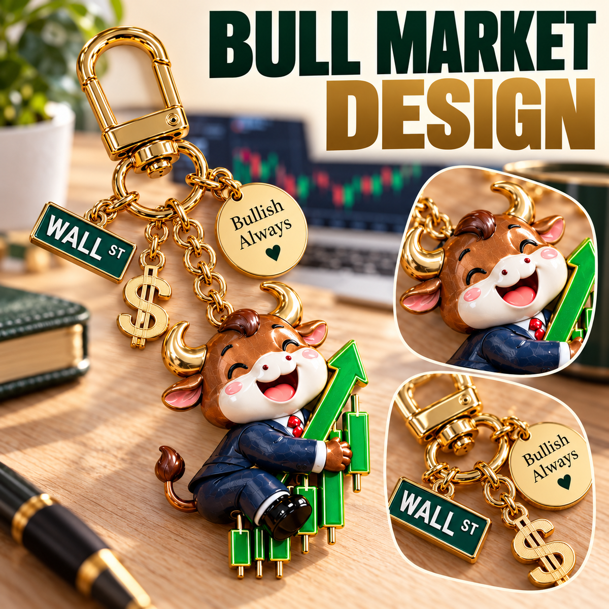 🐂📈  A Little Bull Market Hug – Inspirational Bull Keychain & Message Card Gift Set for Traders and Investors