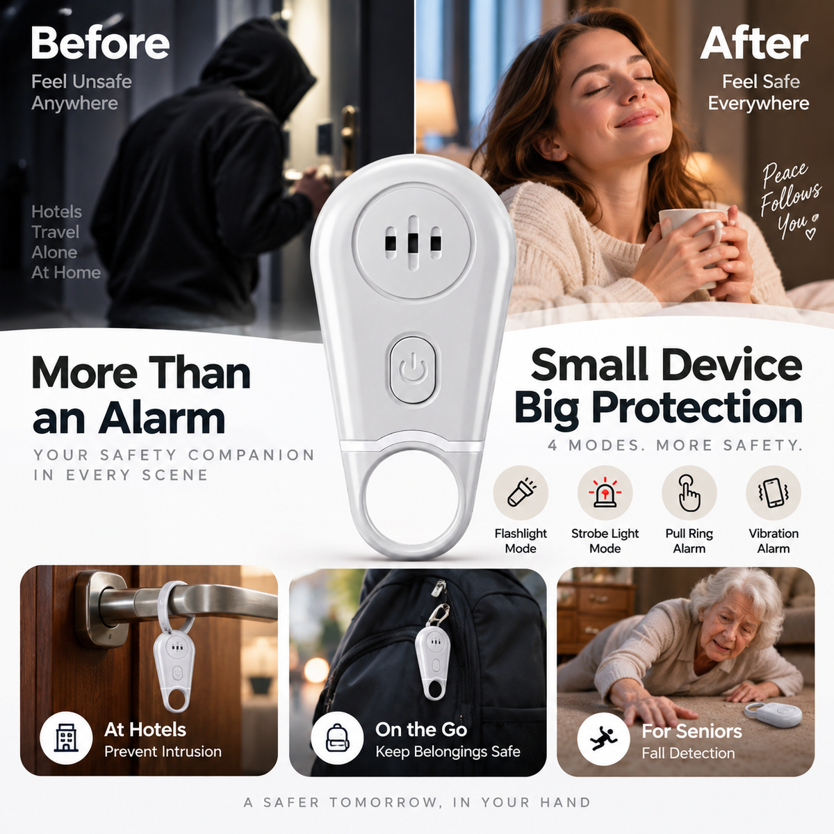 🚨 130dB Personal Safety Alarm & Vibration Sensor - Rechargeable Emergency Siren 🔦