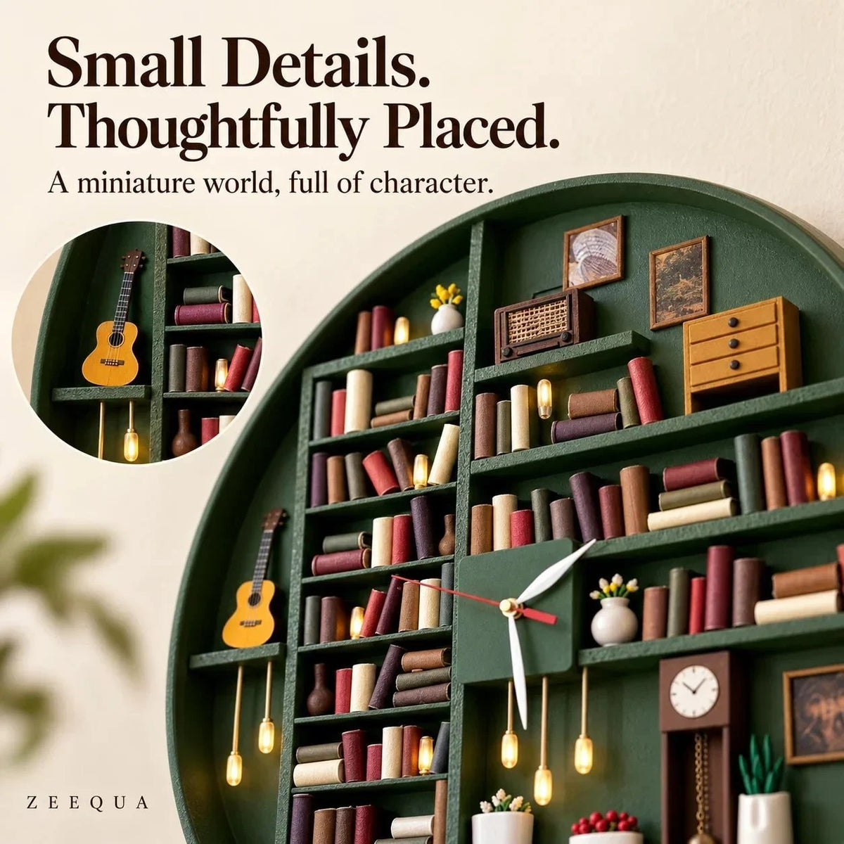 🔥 50% OFF Today 🕰️Handcrafted Miniature Library Wall Clock – 3D Bookshelf with Warm LED Candlelight 📚