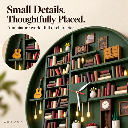 🔥 50% OFF Today 🕰️Handcrafted Miniature Library Wall Clock – 3D Bookshelf with Warm LED Candlelight 📚
