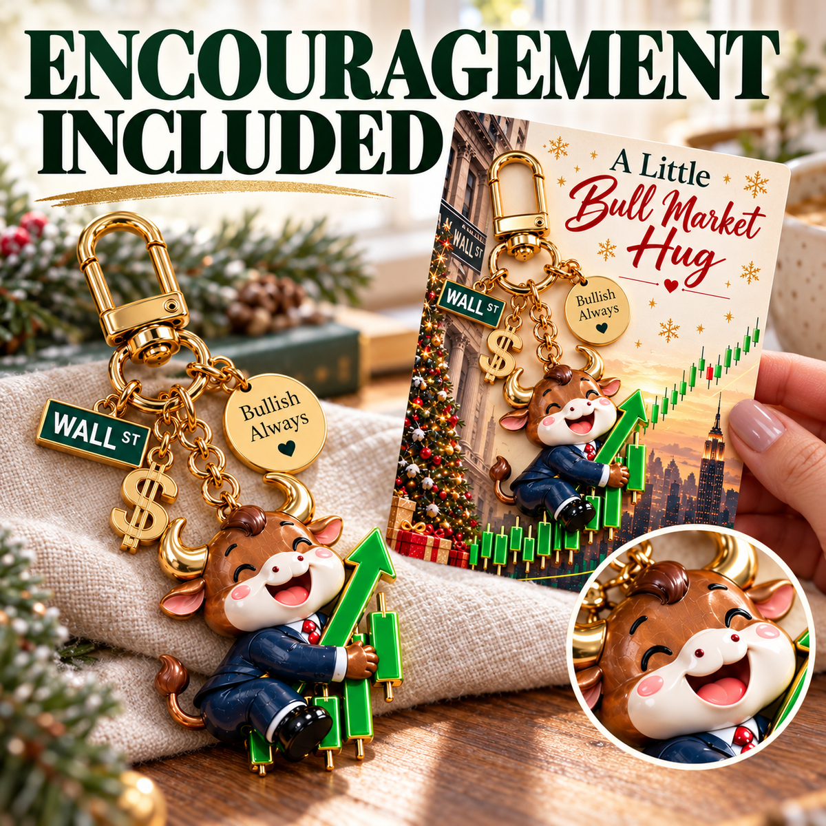 🐂📈  A Little Bull Market Hug – Inspirational Bull Keychain & Message Card Gift Set for Traders and Investors