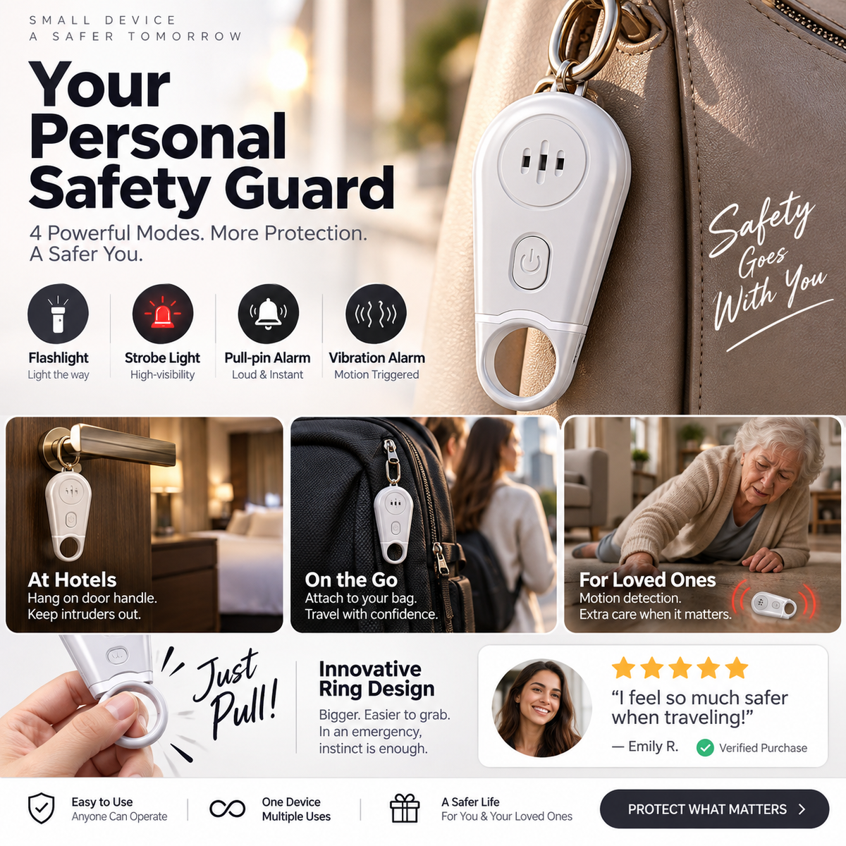 🚨 130dB Personal Safety Alarm & Vibration Sensor - Rechargeable Emergency Siren 🔦
