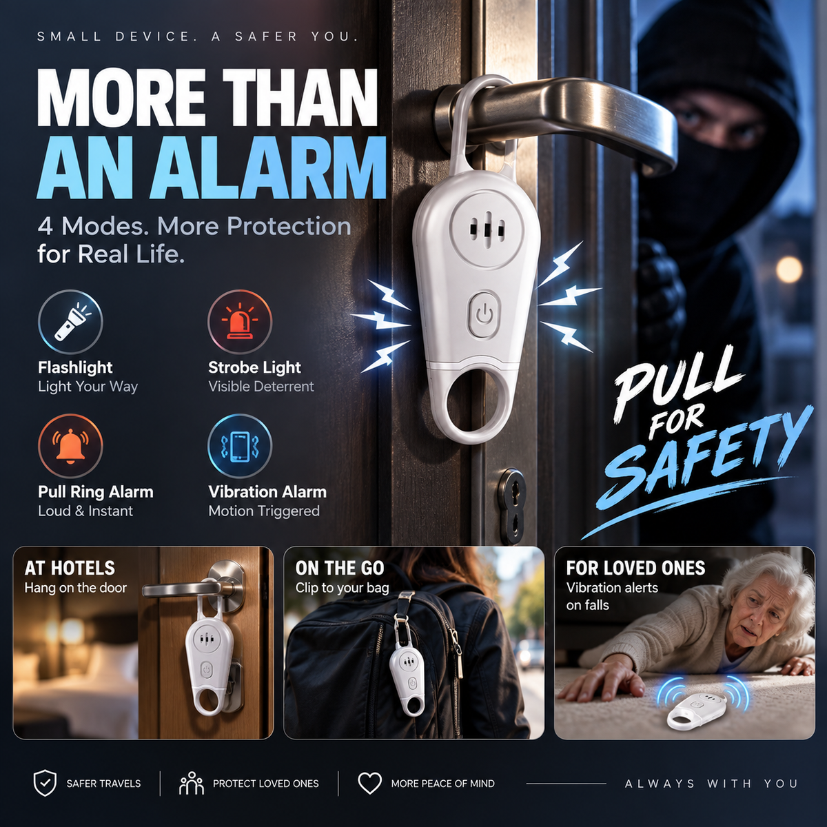 🚨 130dB Personal Safety Alarm & Vibration Sensor - Rechargeable Emergency Siren 🔦