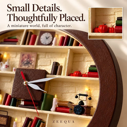 🔥 50% OFF Today 🕰️Handcrafted Miniature Library Wall Clock – 3D Bookshelf with Warm LED Candlelight 📚