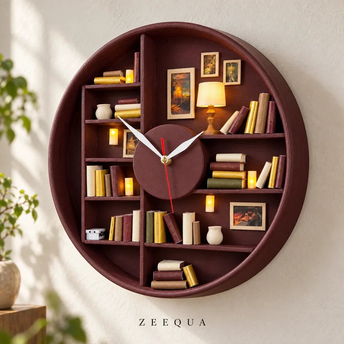 🔥 50% OFF Today 🕰️Handcrafted Miniature Library Wall Clock – 3D Bookshelf with Warm LED Candlelight 📚