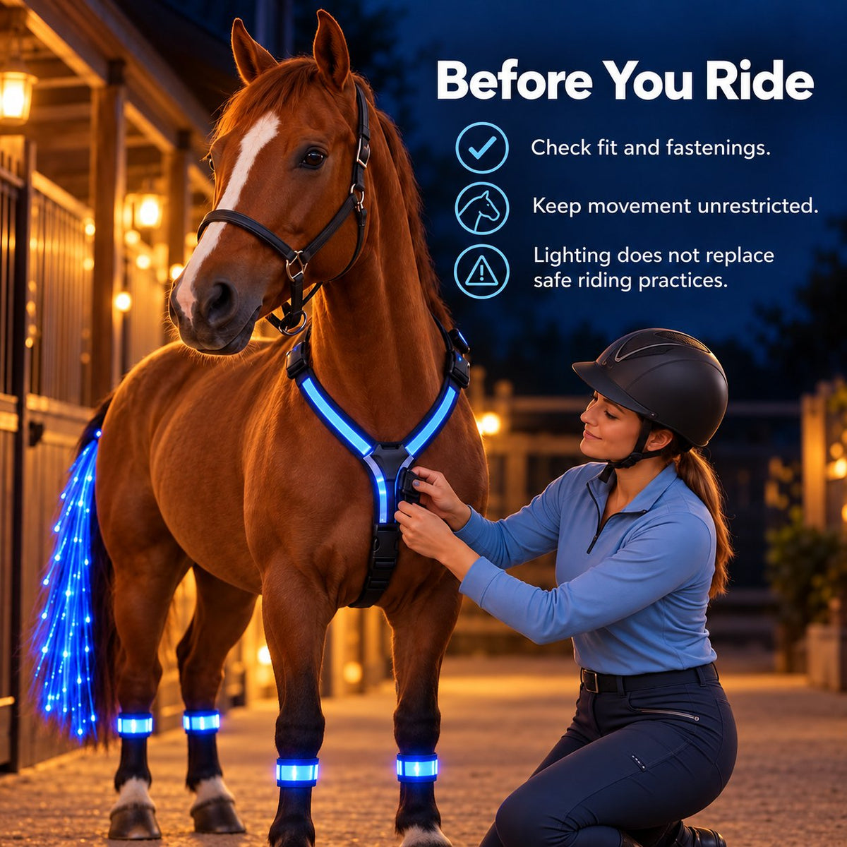 🐴 Full-Set LED Horse Harness Light Kit - Y-Chest Strap, Tail Light & Leg Bands