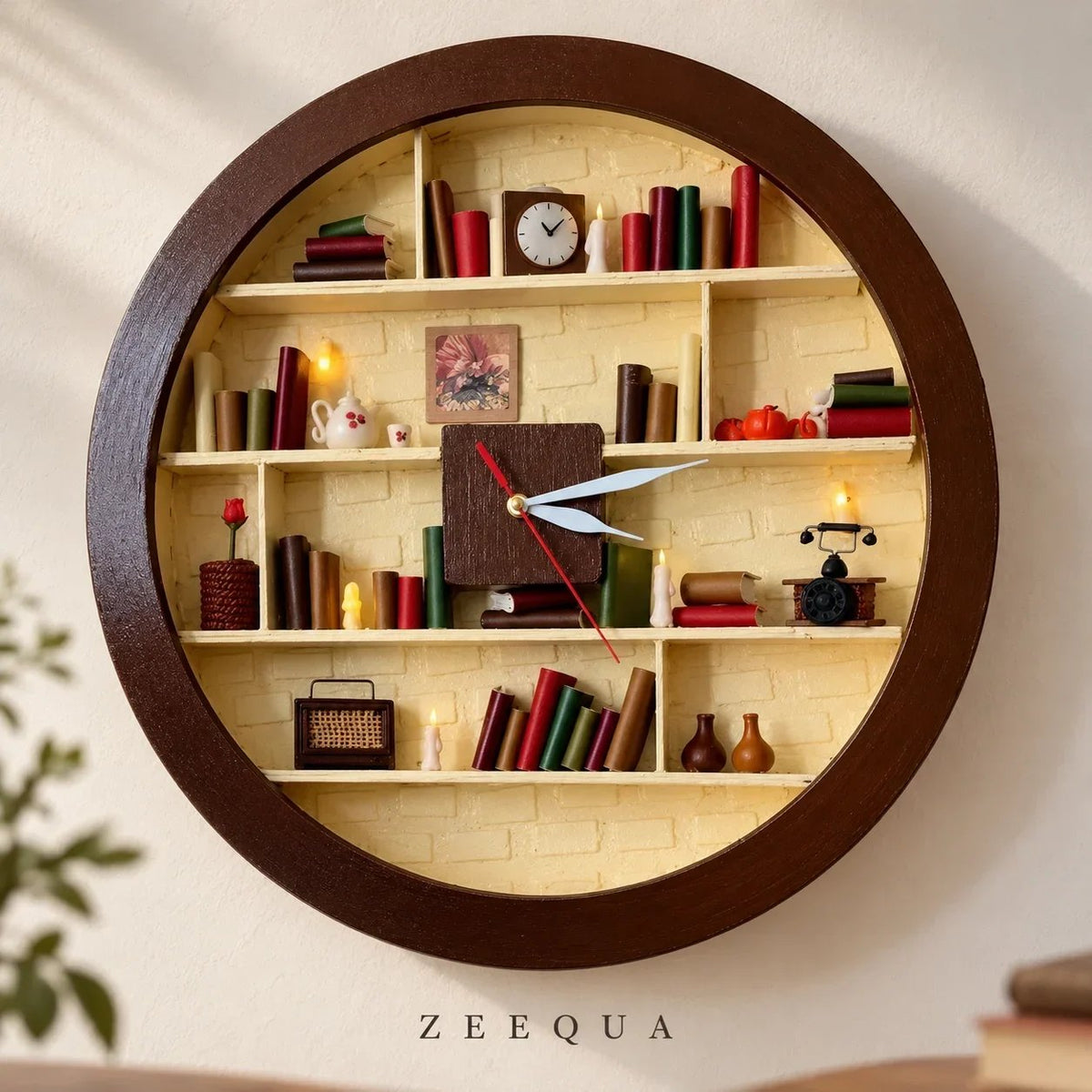🔥 50% OFF Today 🕰️Handcrafted Miniature Library Wall Clock – 3D Bookshelf with Warm LED Candlelight 📚
