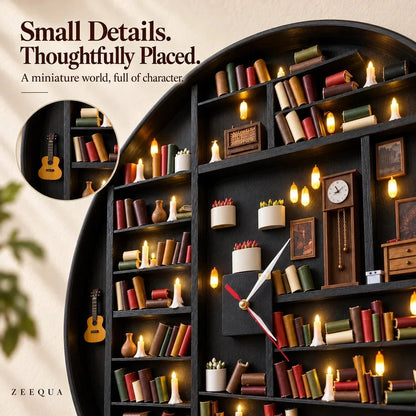 🔥 50% OFF Today 🕰️Handcrafted Miniature Library Wall Clock – 3D Bookshelf with Warm LED Candlelight 📚