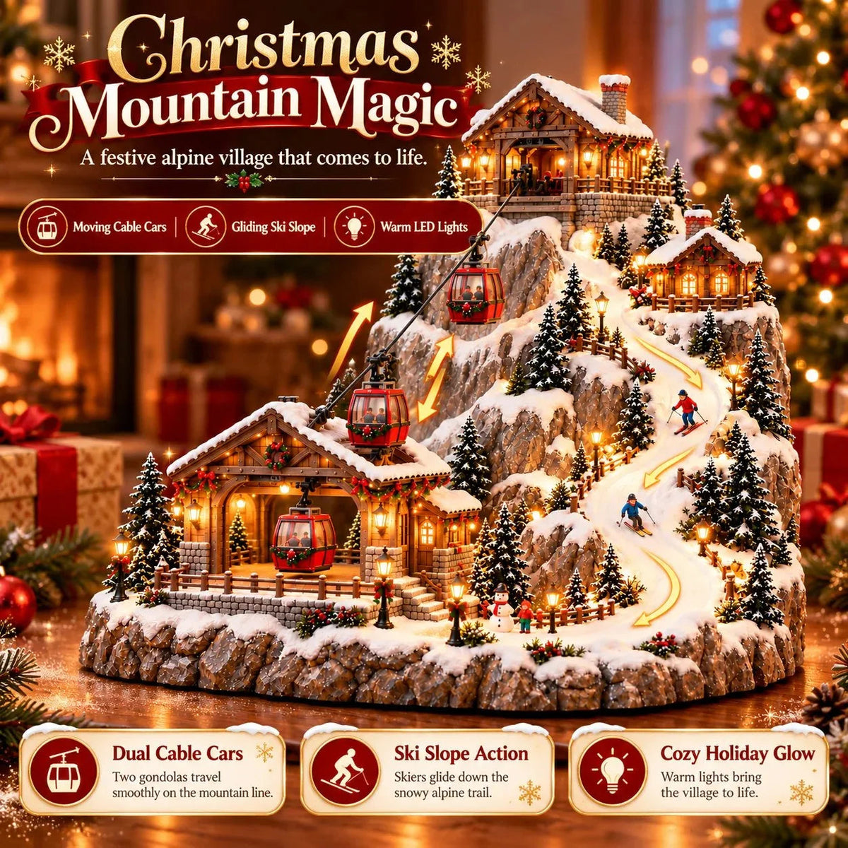 ✨Animated Christmas Mountain Cable Car & ✨Ski Village Scene ✨