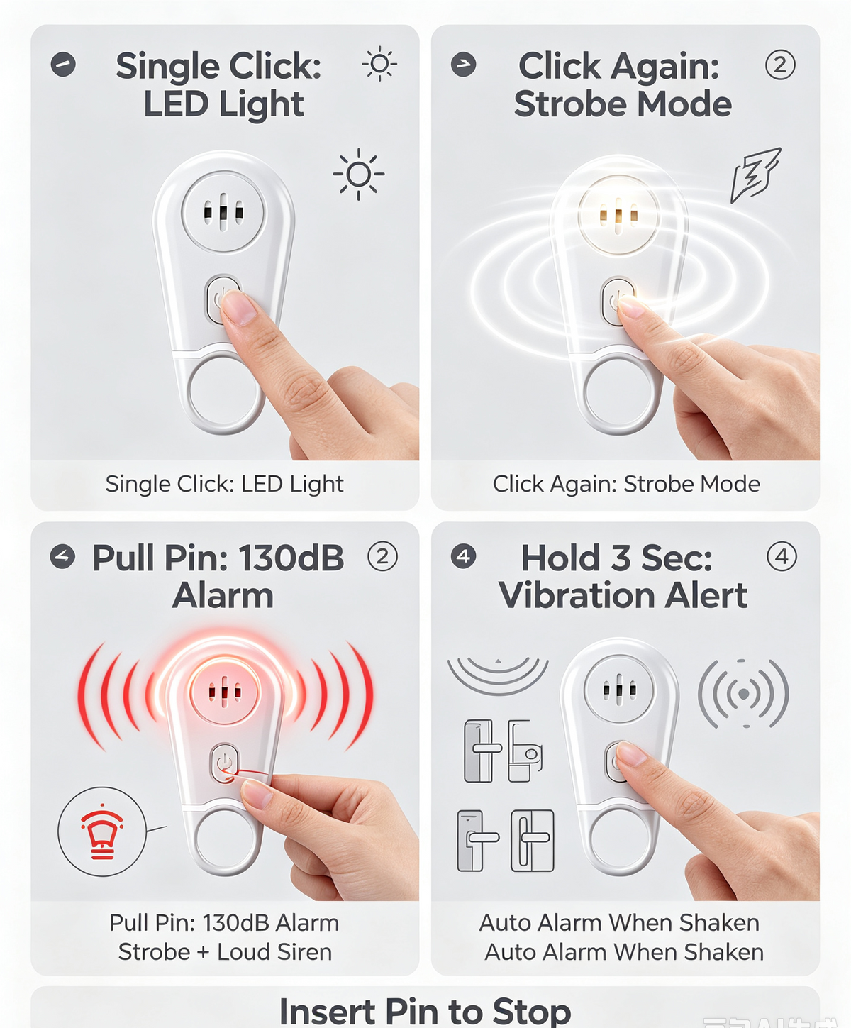 🚨 130dB Personal Safety Alarm & Vibration Sensor - Rechargeable Emergency Siren 🔦