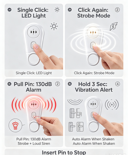 🚨 130dB Personal Safety Alarm & Vibration Sensor - Rechargeable Emergency Siren 🔦