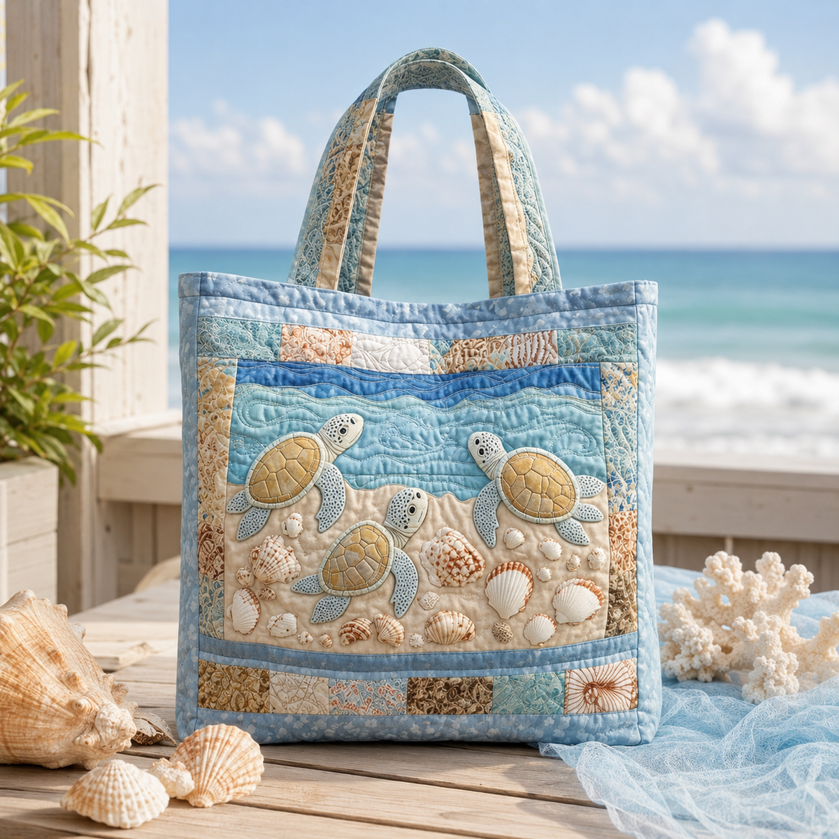 🔥 Turtle Ocean Quilted Tote Bag – Handmade Coastal Beach Bag with Sea Turtle Design