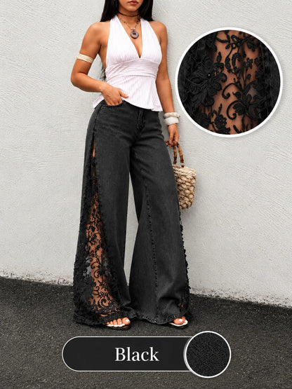 ⚡ JUST 100 AVAILABLE! 40% OFF Gothic Lace Jeans 🖤 High-Waist Wide Leg | Crimson Crypt