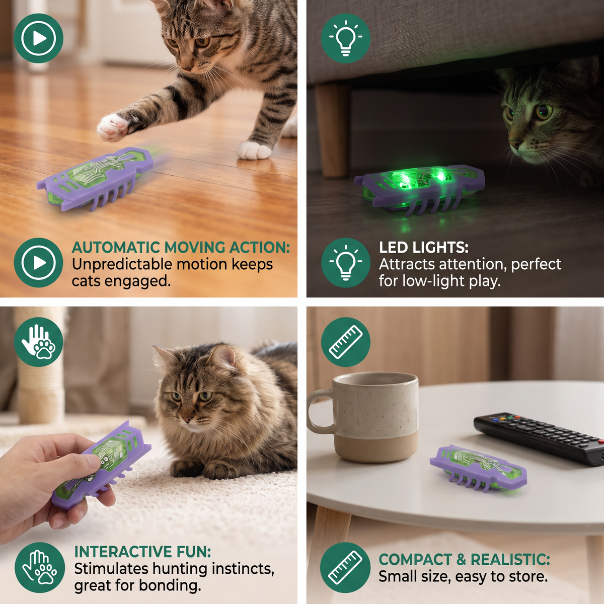Interactive Electric Beetle Cat Toy with LED Lights and Automatic Moving Action