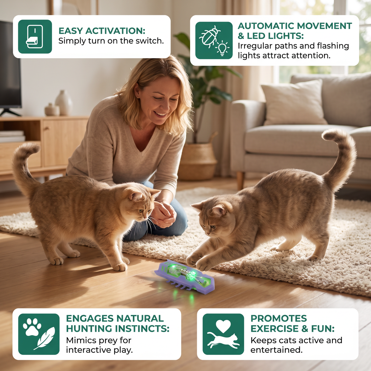 Interactive Electric Beetle Cat Toy with LED Lights and Automatic Moving Action