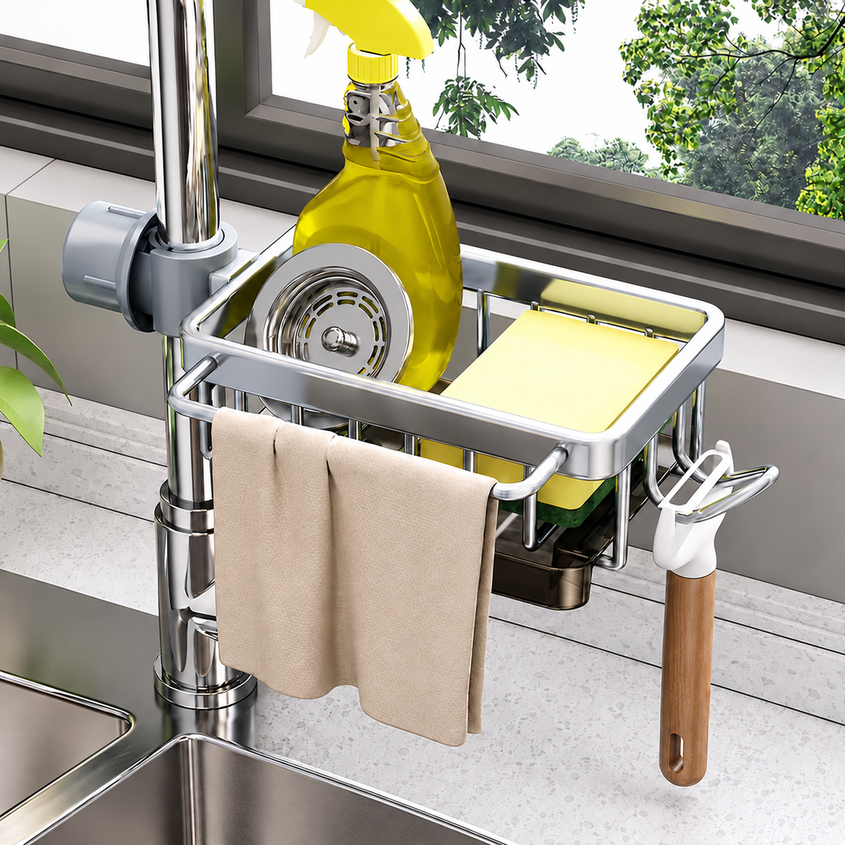 🧽 Faucet-Mounted Sink Organizer with Removable Drip Tray ✨
