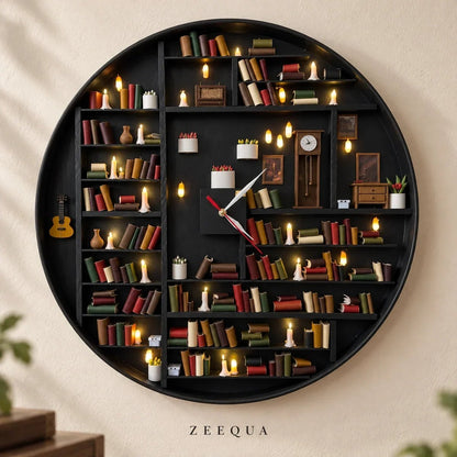 🔥 50% OFF Today 🕰️Handcrafted Miniature Library Wall Clock – 3D Bookshelf with Warm LED Candlelight 📚
