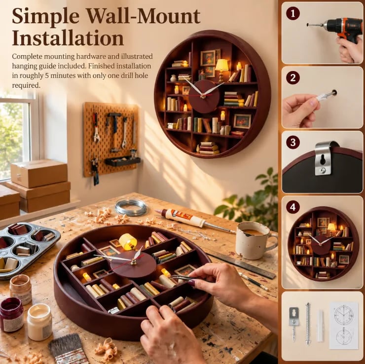 🔥 50% OFF Today 🕰️Handcrafted Miniature Library Wall Clock – 3D Bookshelf with Warm LED Candlelight 📚