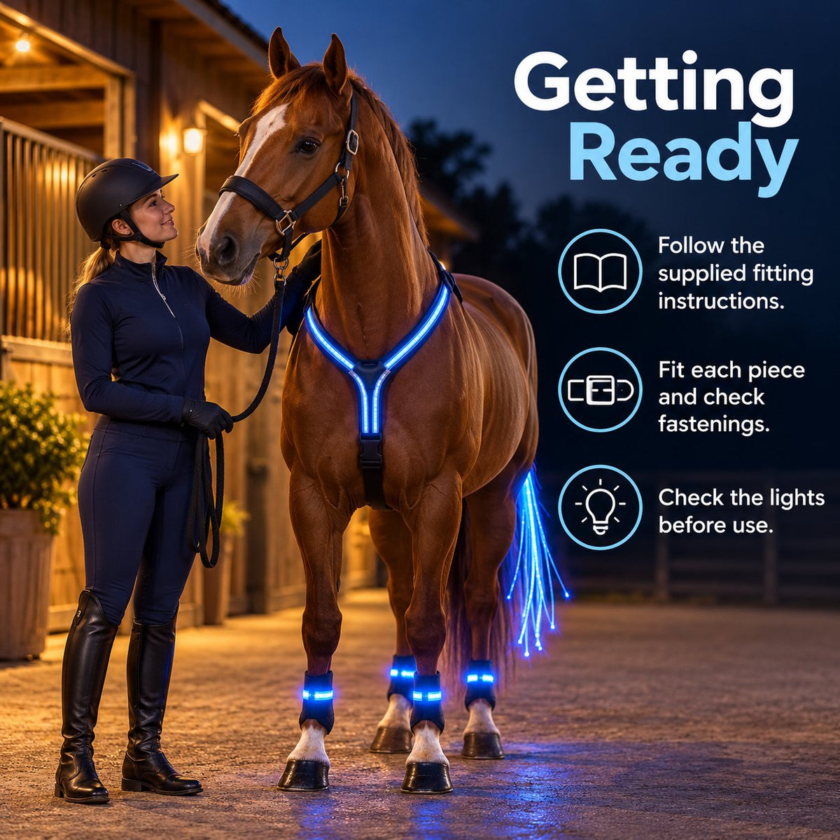 🐴 Full-Set LED Horse Harness Light Kit - Y-Chest Strap, Tail Light & Leg Bands