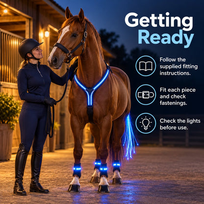 🐴 Full-Set LED Horse Harness Light Kit - Y-Chest Strap, Tail Light & Leg Bands