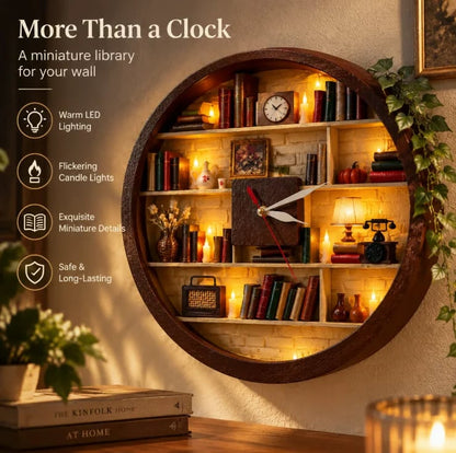 🔥 50% OFF Today 🕰️Handcrafted Miniature Library Wall Clock – 3D Bookshelf with Warm LED Candlelight 📚