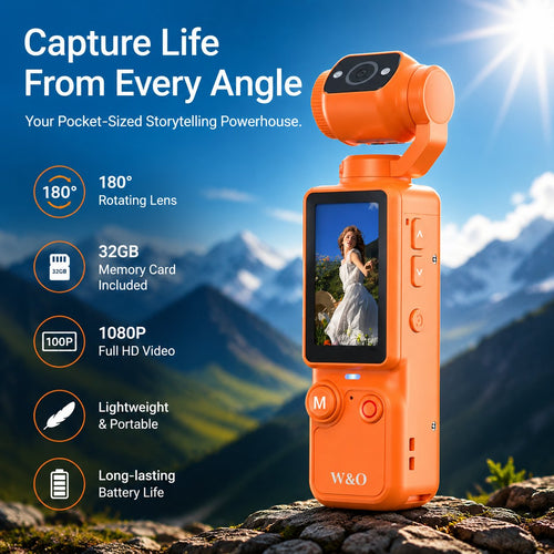 📸 2.5K UHD Pocket Vlogging Camera with 180° Rotating Lens & 32GB Card 🎥