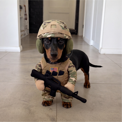 🐾 Funny Pet Soldier Costume – Walking Tactical-Style Dog Outfit