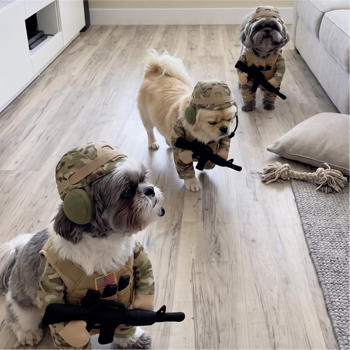 🐾 Funny Pet Soldier Costume – Walking Tactical-Style Dog Outfit