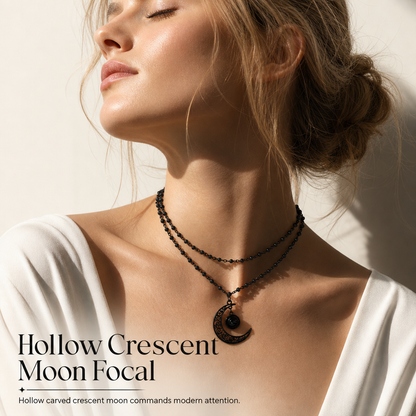 🖤 Gothic Crescent Moon Black Crystal Layered Necklace 🌙