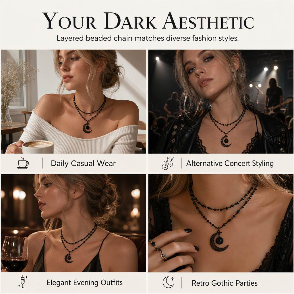 🖤 Gothic Crescent Moon Black Crystal Layered Necklace 🌙