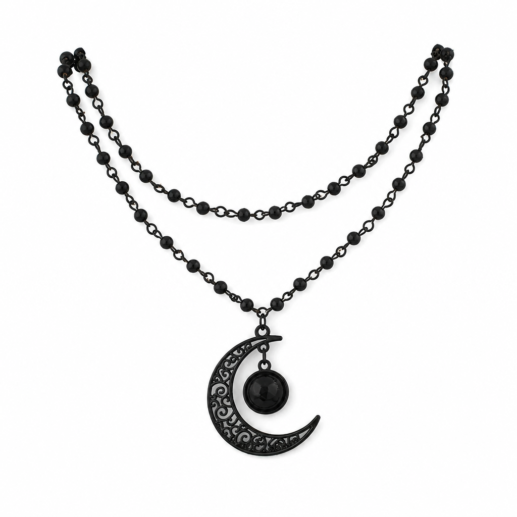 🖤 Gothic Crescent Moon Black Crystal Layered Necklace 🌙