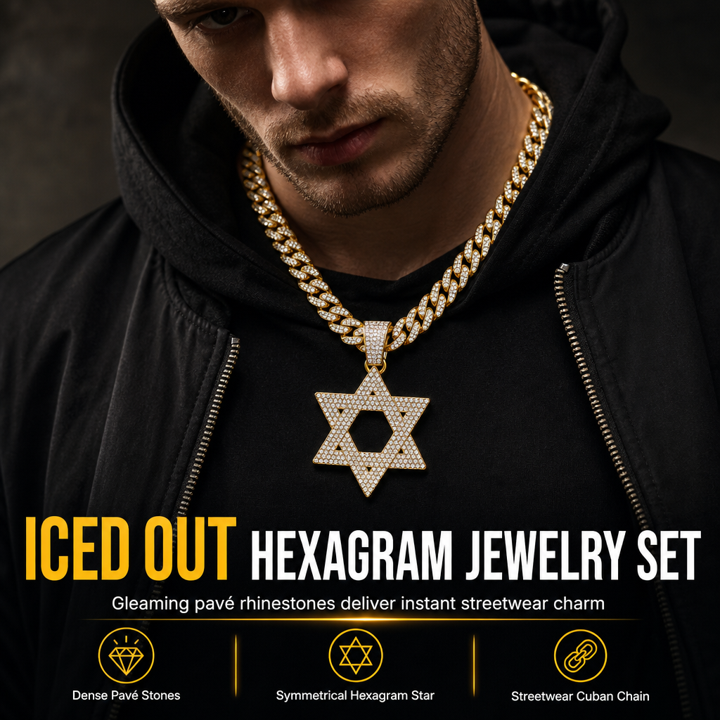 ✨ Iced Out Hexagram Star Pendant Necklace Set - Hip Hop Pavé Stones Chain 💎