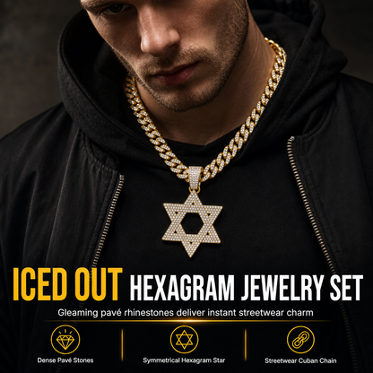 ✨ Iced Out Hexagram Star Pendant Necklace Set - Hip Hop Pavé Stones Chain 💎