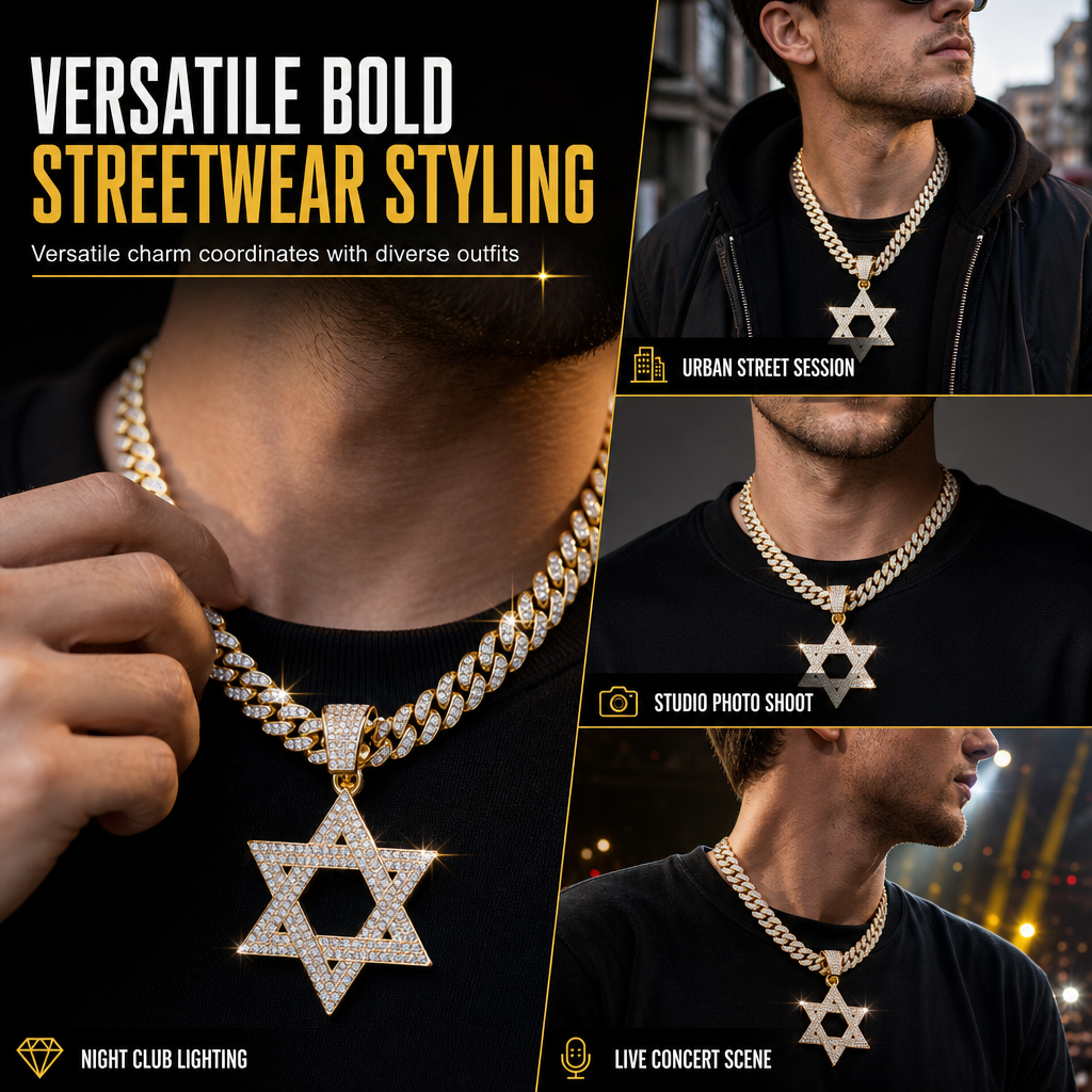 ✨ Iced Out Hexagram Star Pendant Necklace Set - Hip Hop Pavé Stones Chain 💎