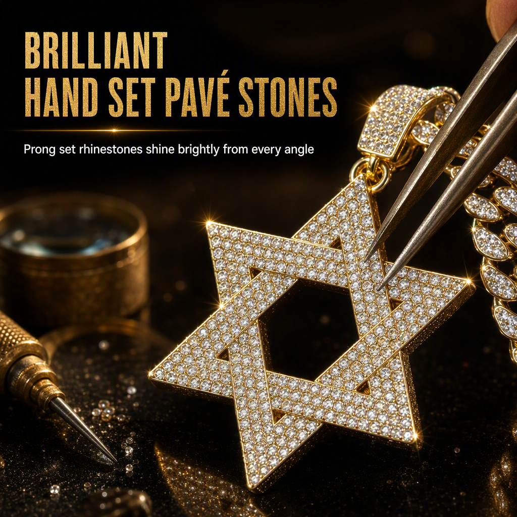✨ Iced Out Hexagram Star Pendant Necklace Set - Hip Hop Pavé Stones Chain 💎