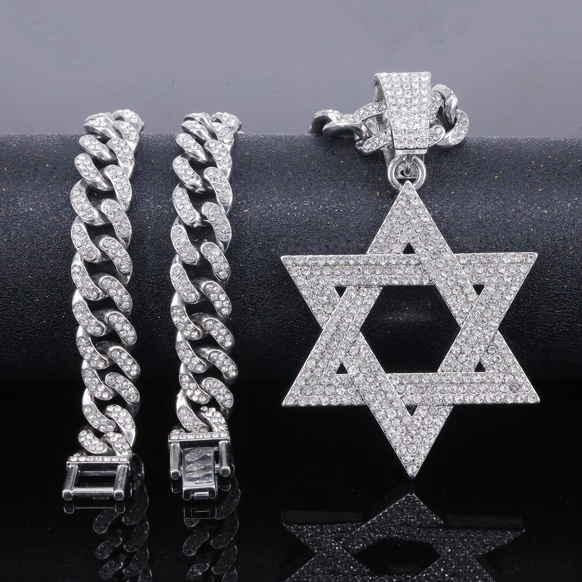 ✨ Iced Out Hexagram Star Pendant Necklace Set - Hip Hop Pavé Stones Chain 💎