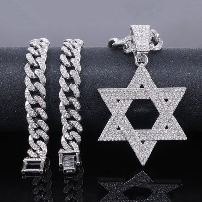 ✨ Iced Out Hexagram Star Pendant Necklace Set - Hip Hop Pavé Stones Chain 💎